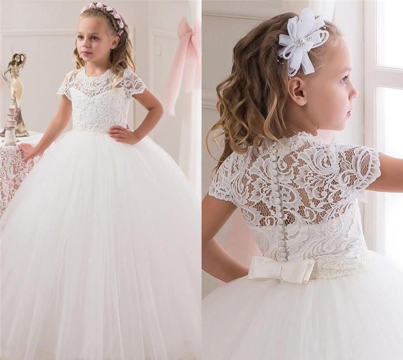 Sexy White Ball Gown Flower Girl Dresses Lace Bodice Jewel Short