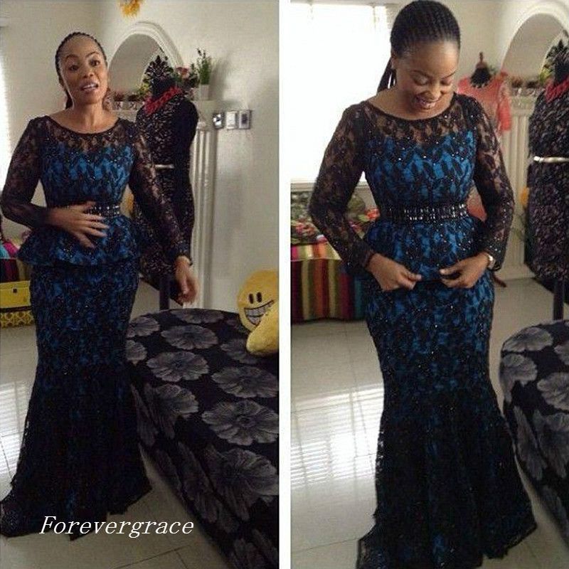 Acheter élégant Africain Nigérian Dentelle Mère De La Mariée Robes Manches Longues Formelle Marraine Soirée Invités De Mariage Robe Custom Made Plus