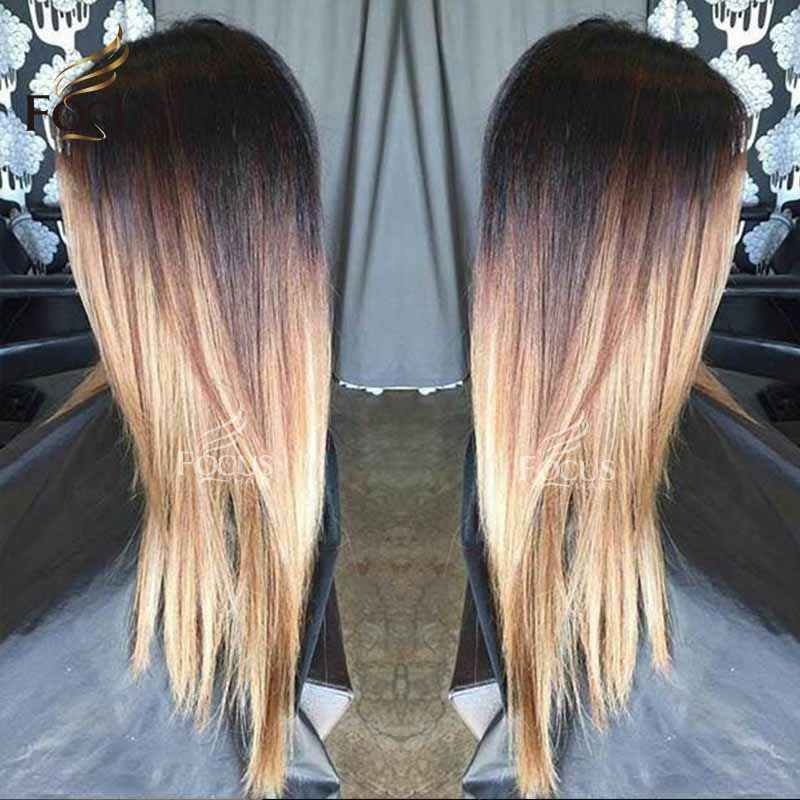 Silky Straight Human Hair Wigs Brazilian Full Lace Wig Ombre Honey