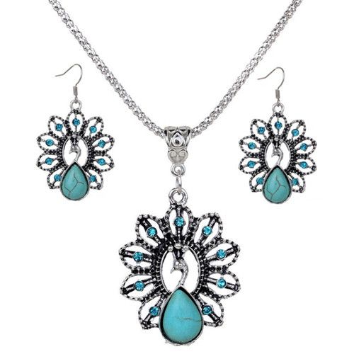 Parure collier et boucles doreille de style vintage pour femme en turquoise reconstitu/ée rouge