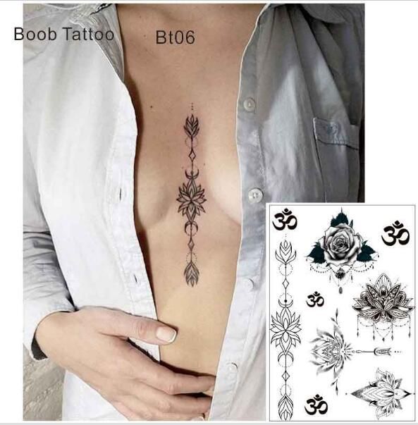 BT06 1pc Under Breast Sternum Temporary Tattoo with Lotus,Um, Yoga Pattern  Body Art