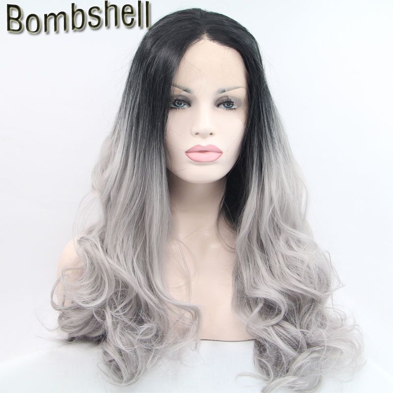 Bombshell Short Black Roots Ombre Silver Grey Long Loose Wave