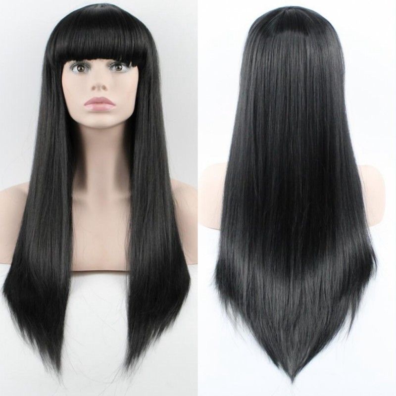 Sexy Lady Long Straight Women Neat Bang Wig Black Cosplay