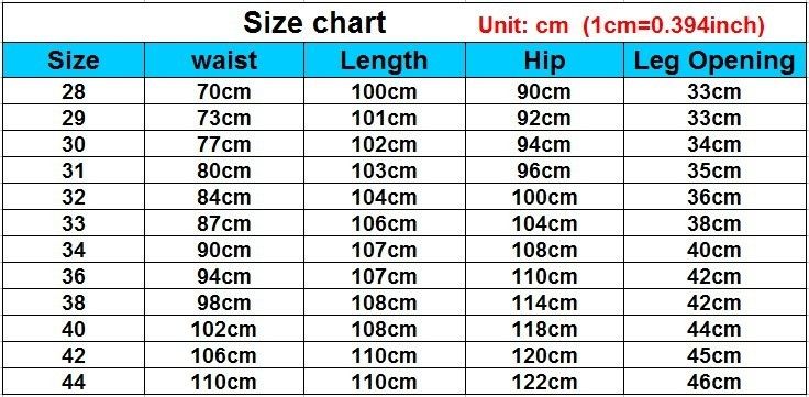 Chinos Size Chart