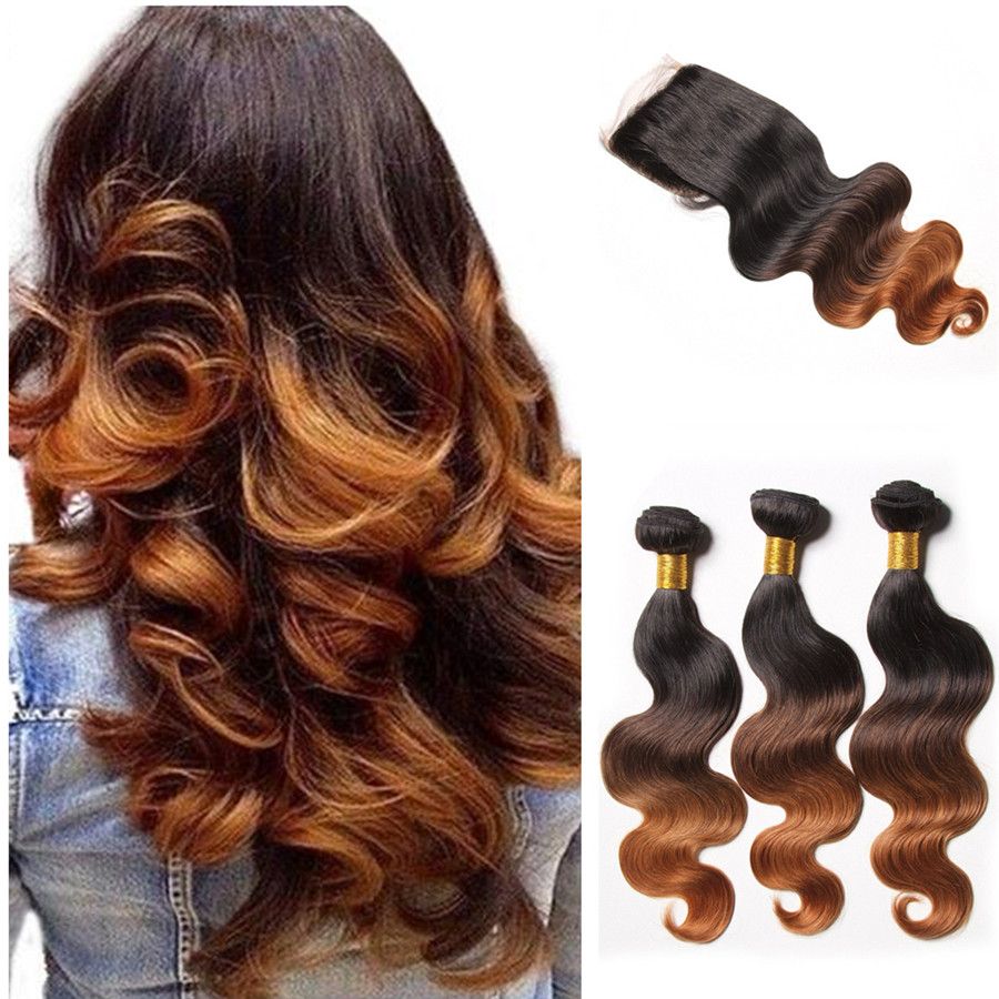 2020 1b 4 30 Light Auburn Ombre Hair Weaves With Lace Closure