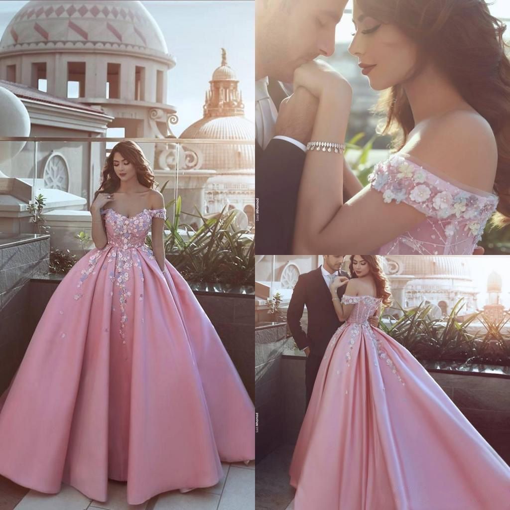 pink off shoulder prom dress