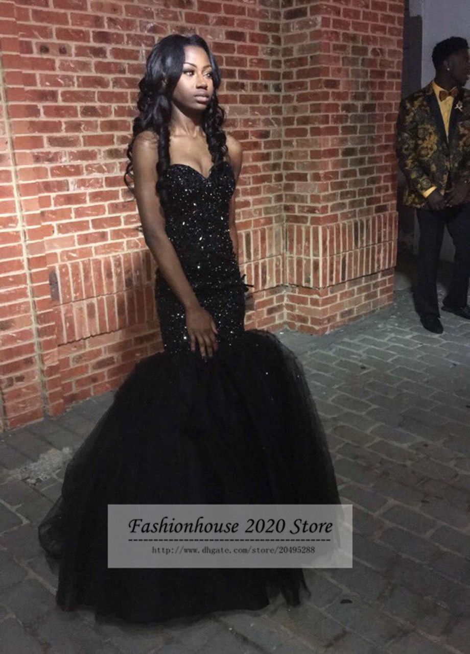 2020 Sparkly Sequins Black Mermaid African Style Prom Dresses
