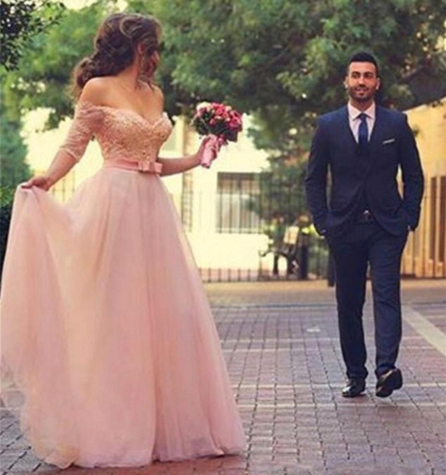 blush off the shoulder wedding dress