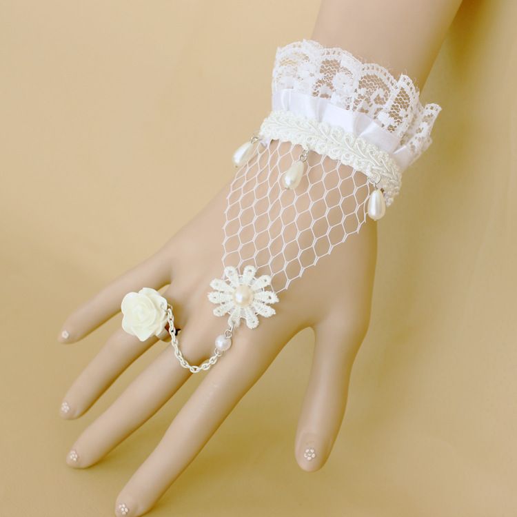 Drecode Lace Flower Fingerless Gloves Pearl Wedding Bridal Glove for Women and Girls