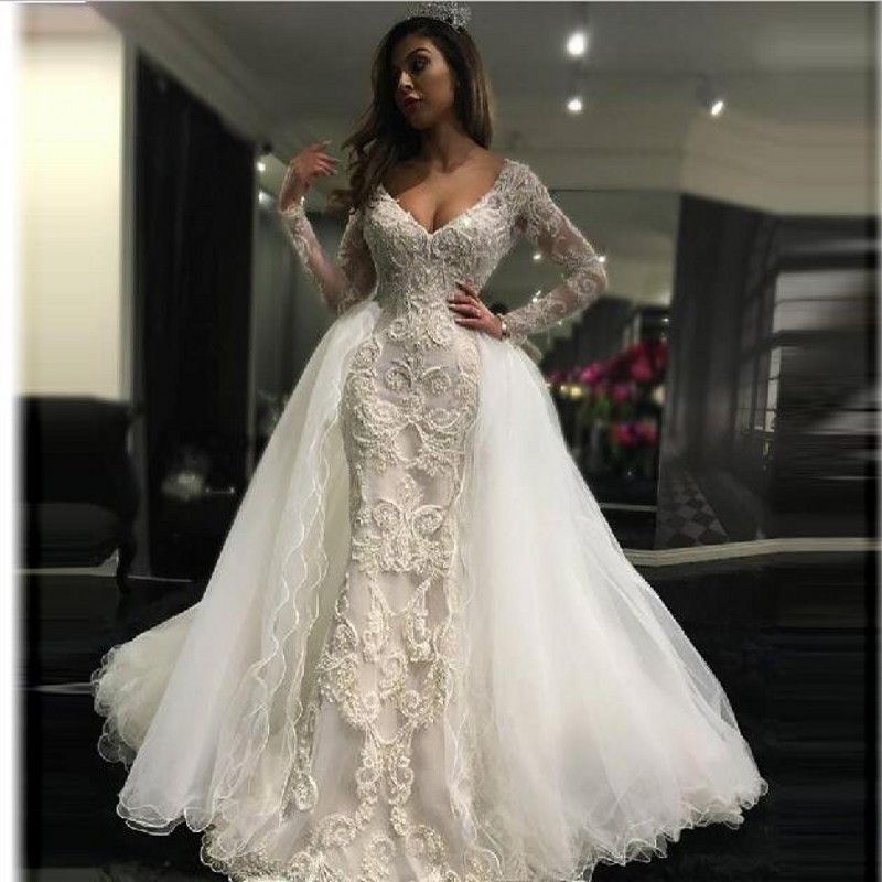 Deep V Neck Long Sleeves Wedding Dresses With Detachable ...