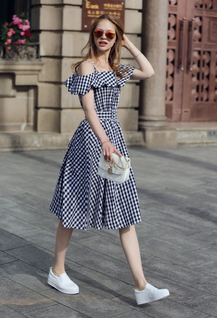 Vestido de verano de la tela escocesa vintage vestidos de fiesta de las volante