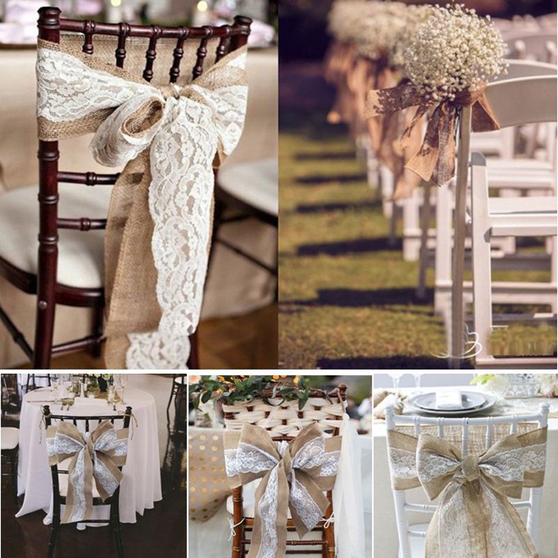 240 X 15cm Lace Bowknot Burlap Chair Sashes Natural Hessian Jute