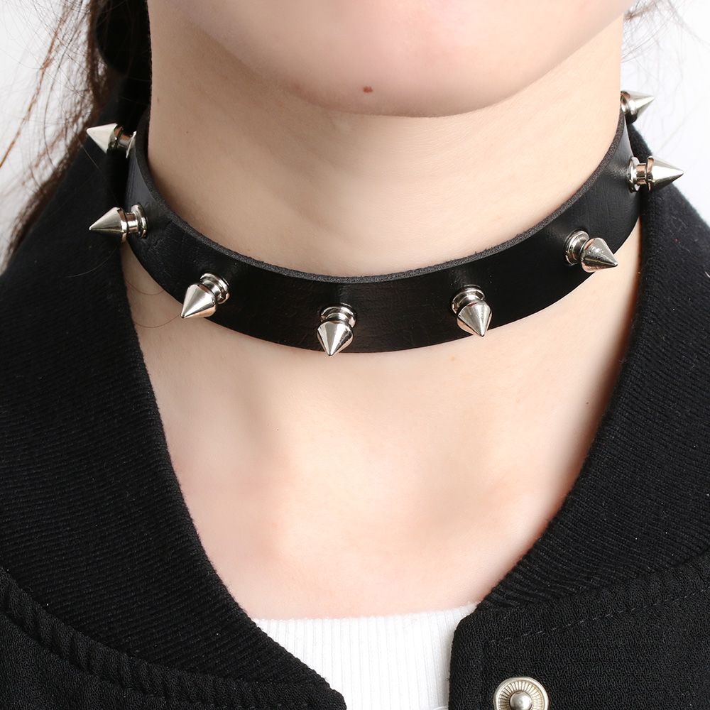 Gothic Punk Black Leather Collar Spike Choker Silver Tone Stud Necklace Gifts