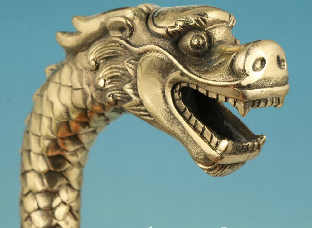 tête de bâton de marche statue Ancien bronze sculpté dans le dragon