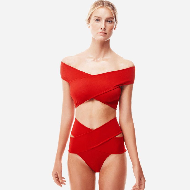 red and black swimwear