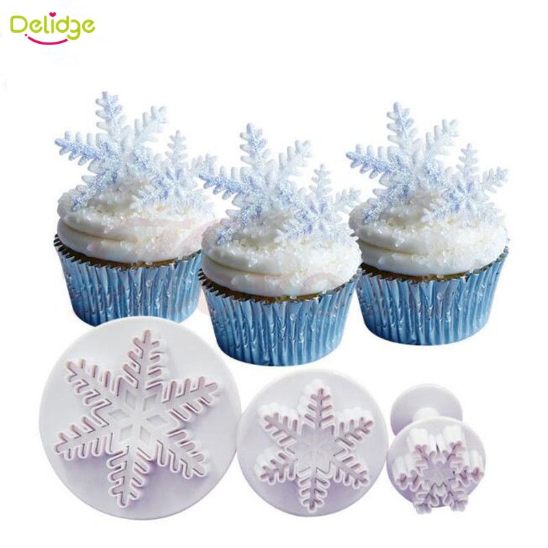 Snowflake Series 3 pc Cookie Plunger Fondant Cutter Cookie Baking Tools Cake DIY
