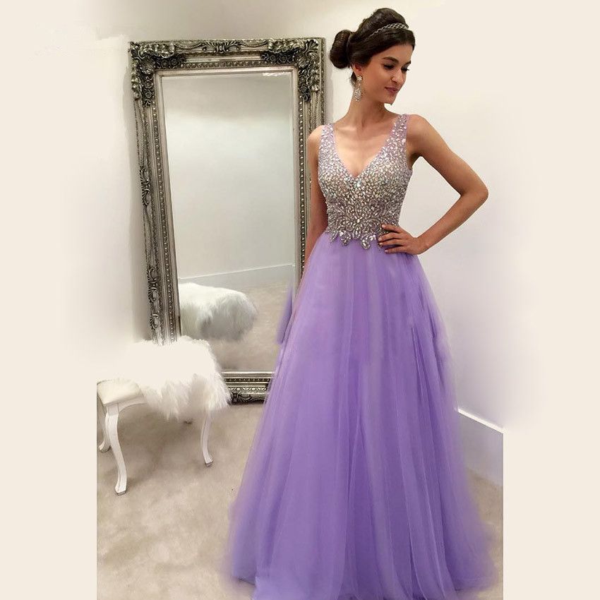 Vestidos de fiesta largos de color morado claro baratos Sin mangas de cristal Una línea Vestidos Vestidos de fiesta largos de color morado claro baratos Sin mangas de cristal Una línea Vestidos