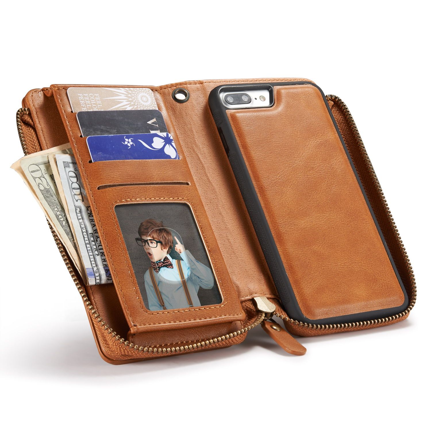 2 In 1 Detachable Removable Zipper Leather 14 Card Money Slop