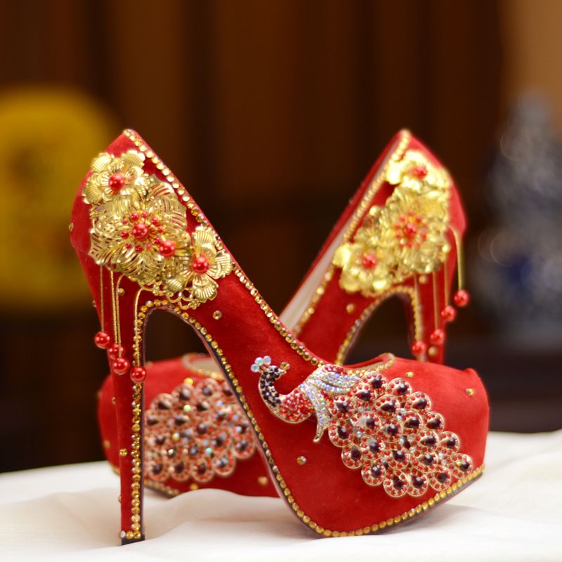 Chinese Wedding Shoes Female Crystal Bridal Red High Heeled Shoes