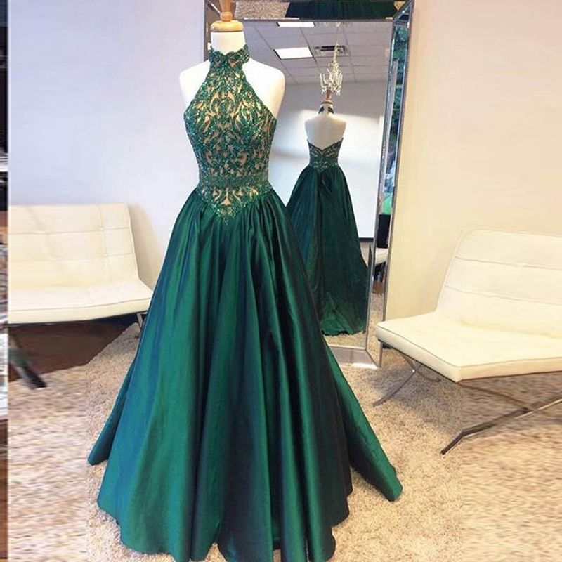 Goddess High Neck Dark Green Prom Dresses Lace Top And Satin Lower A Line Long Evening Gowns Zipper Backless Ruffle Formal Party Dress Cheap Prom Dresses Online Cheap Red Prom Dresses From