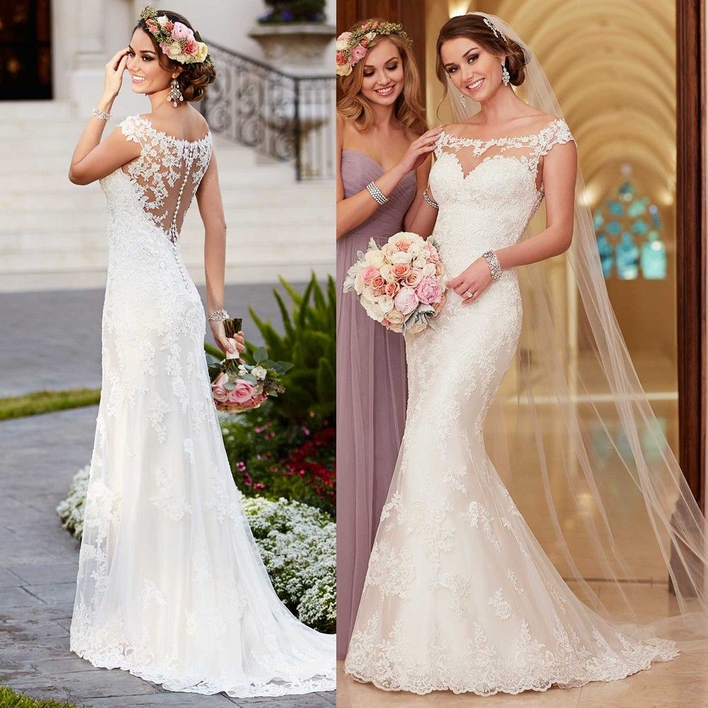 boat neck fit and flare wedding dress