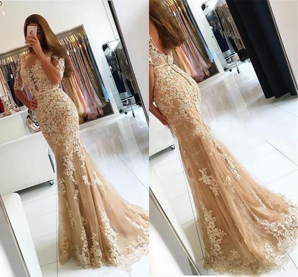 Compra Vestidos De Noche Usados \u200b\u200b2017 Nueva Ilusión Sexy Mangas Medias  Mangas Champagne Encaje Apliques Prom Vestido Mermaid Backless Sweep Tren  Formal Party Bats Barato | Entrega Rápida Y Calidad | Es.Dhgate