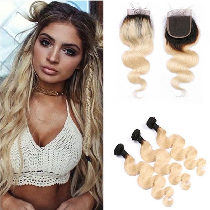 Grosshandel Ombre Indische Korper Wellen Haar Bundel Mit Spitze Schliessung T1b 613 Platin Blonde Zwei Ton Dunkle Wurzel Ombre Menschenhaar Spinnt Und
