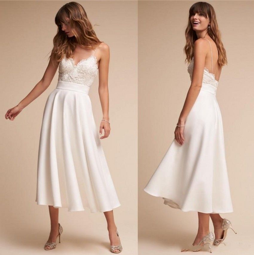 Discount 2020 New Retro 1920s Tea Length Bhldn Wedding Dresses Simple A Line Spaghetti Straps Sexy Backless Bridal Summer Wedding Gowns Cheap 340 Simple A Line Wedding Dress Slim Line Wedding Dresses