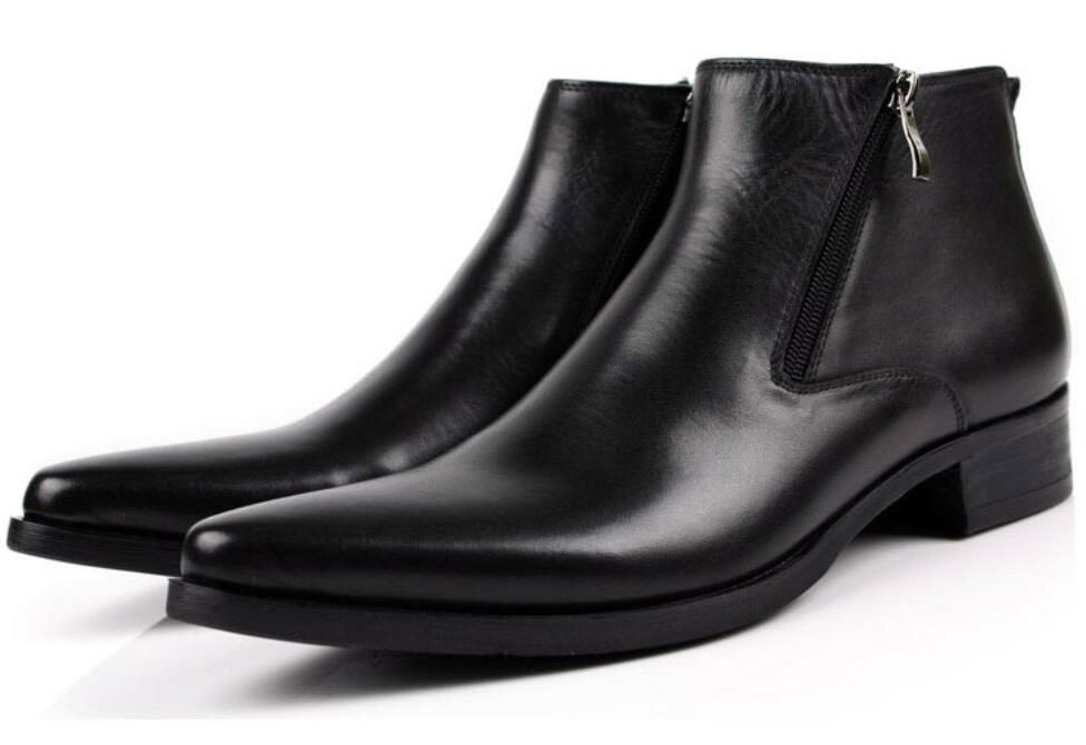 Men Boots Genuine Leather Black Pointed 