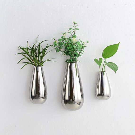 Set Of 3 Silver Plated Ceramic Vase Teardrop Ceramic Wall Mounted