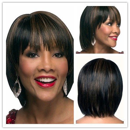 Xiu Zhi Mei Highlights Brown Black Cheap Bob Wigs With Bangs Heat