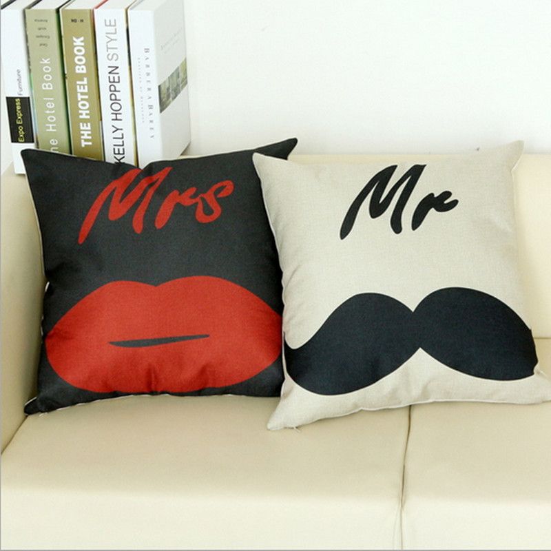Home Pillowcase Print Cushion Decor Mustache Beard Red Lips Mr Mrs
