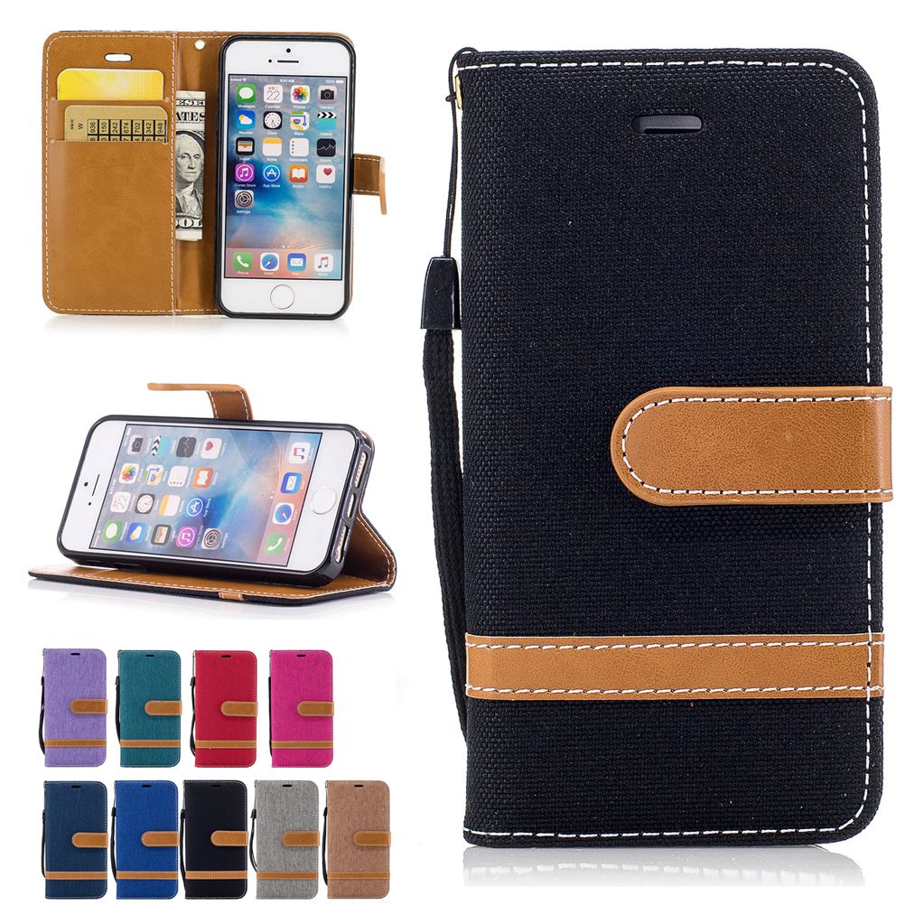 Para iPhone 5 5S de cuero PU Funda de tela vaquero Soporte con