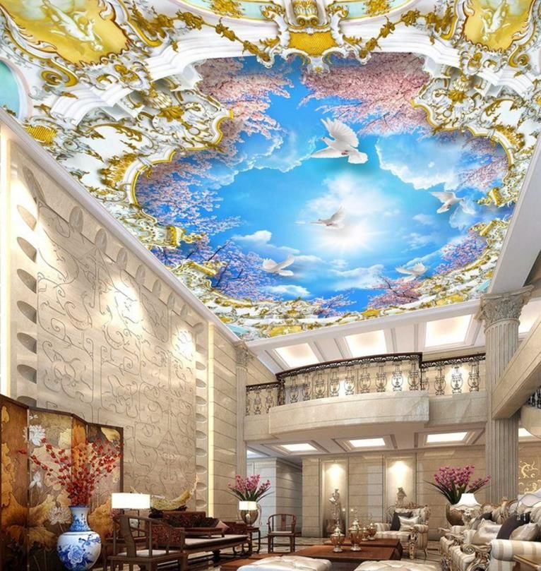 3D Sky Ceiling Wallpaper Blue sky white clouds cherry tree Mmodern Art  Wallpaper Photos For Living Room Ceiling