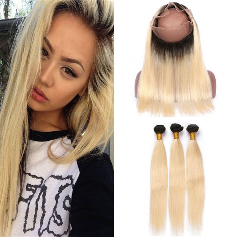 Grosshandel Dark Roots Blonde 360 Lace Frontal Closure Mit Haar Bundles Ombre 1b 613 Reines Haar Gerade Spinnt Mit Pre Zupfte 360 Lace Frontal Von
