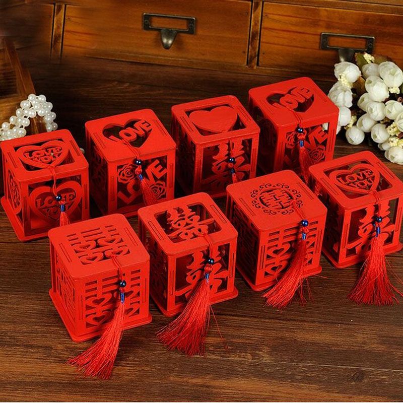 Wood Chinese Double Happiness Wedding Favor Boxes Candy Box
