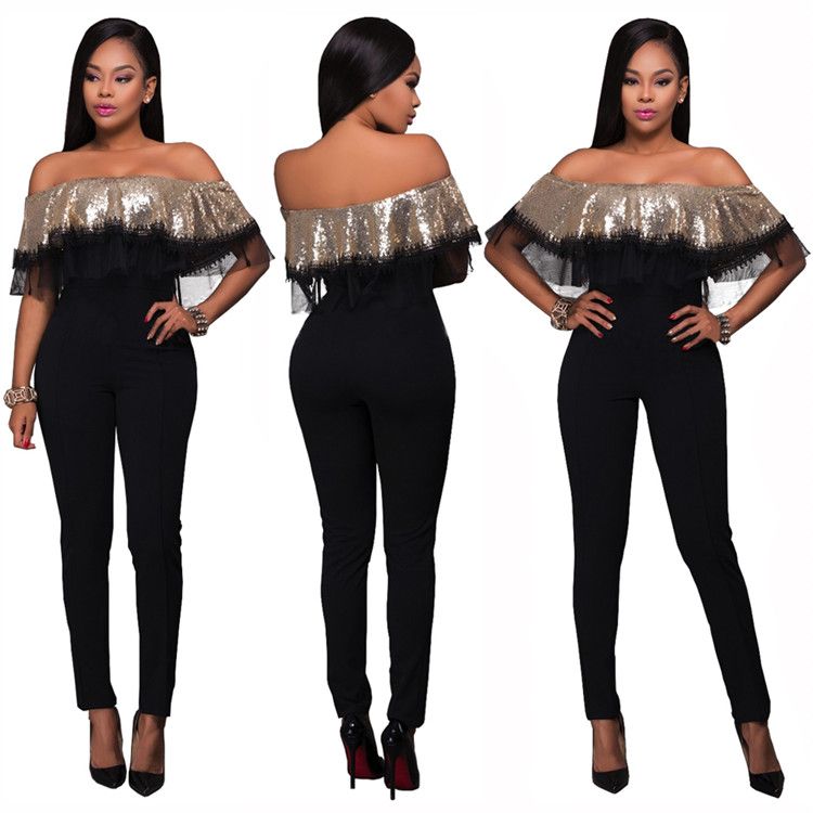 off the shoulder sequin jumpsuit