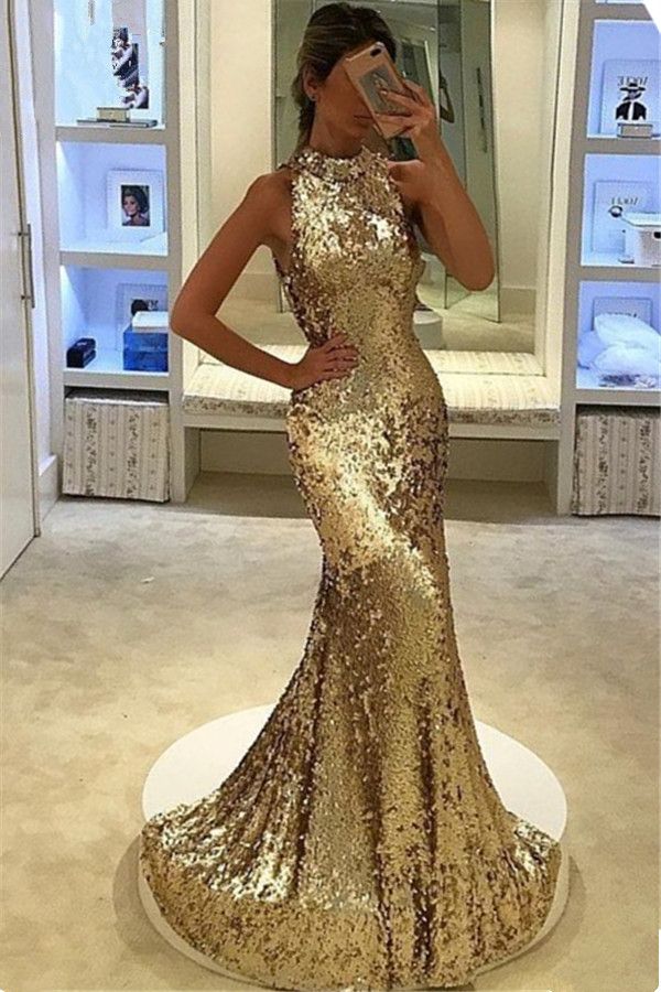 2018 Nuevo elegante largo de plata dorada con lentejuelas vestidos de baile Halter sirena vestido