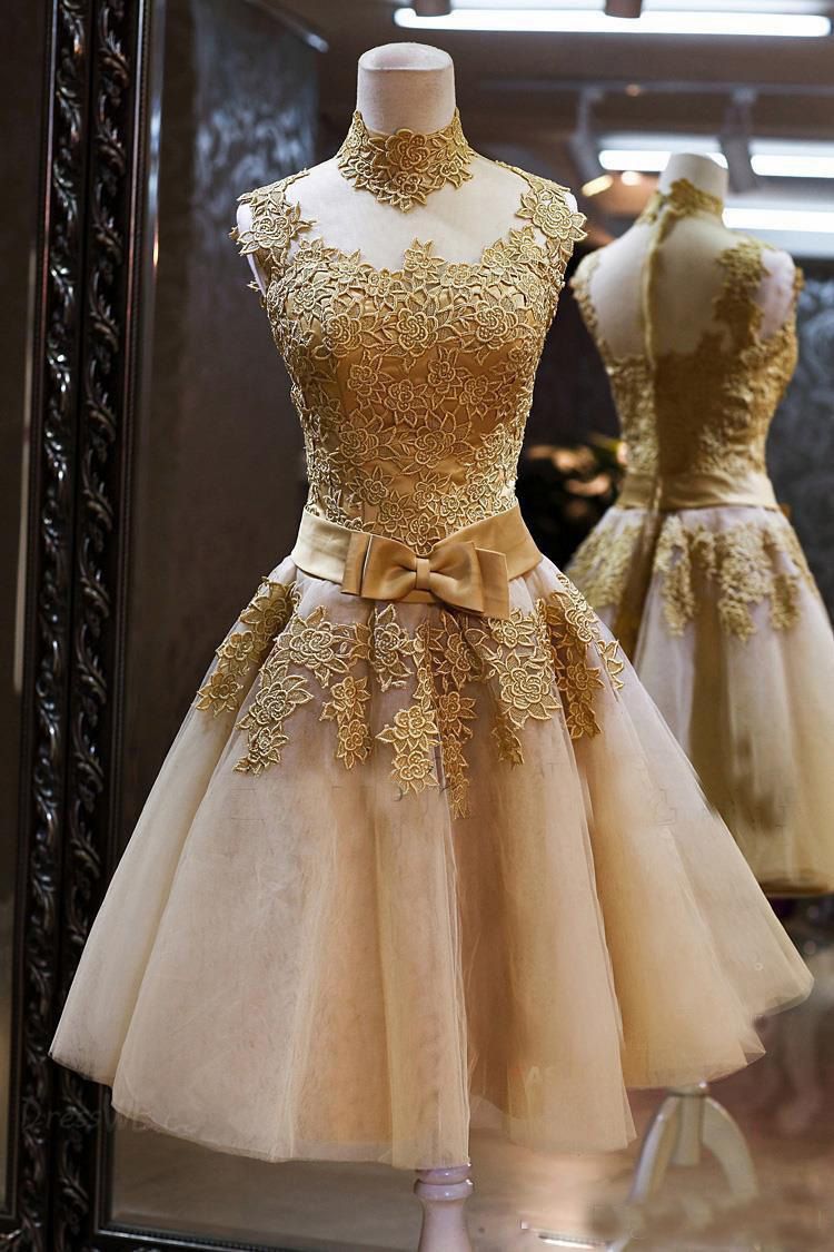 Vestido De Baile Corto De Encaje Dorado De Noche De Graduación Elegante Con Cuello Alto Y Lazo De 118,78 € | DHgate