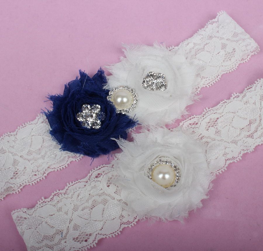 Sexy Country Navy Blue Lace Wedding Bridal Garter Pearls Handmade