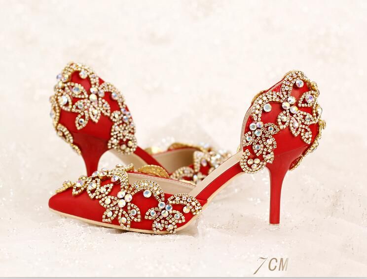 Red Women Sandals Bridal Bridesmaid Wedding Shoes With Crystals