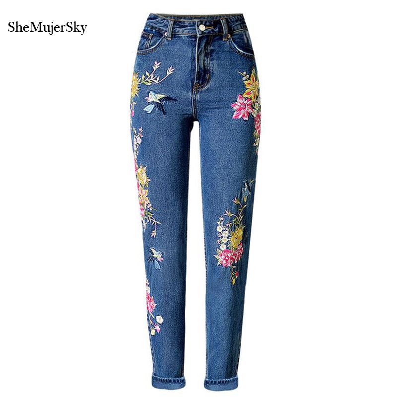 high waist embroidered jeans