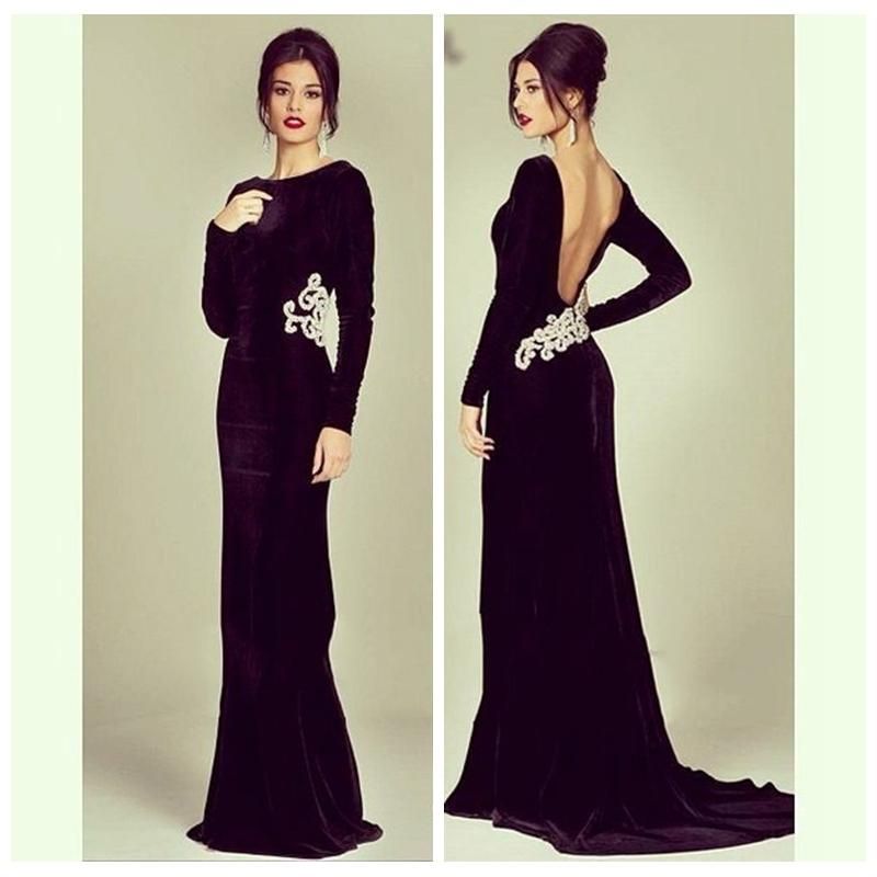 long sleeve backless evening gown