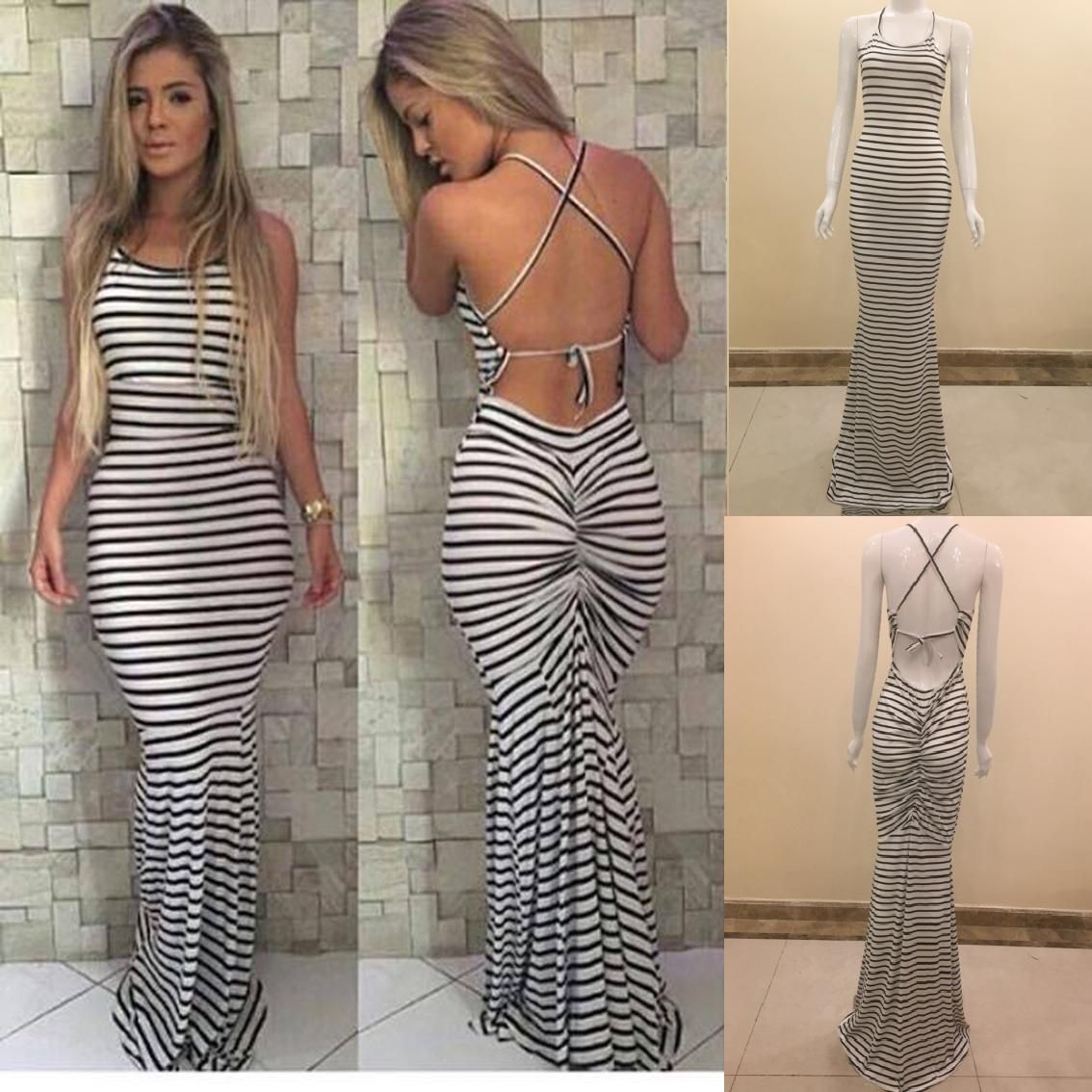 striped backless maxi dress