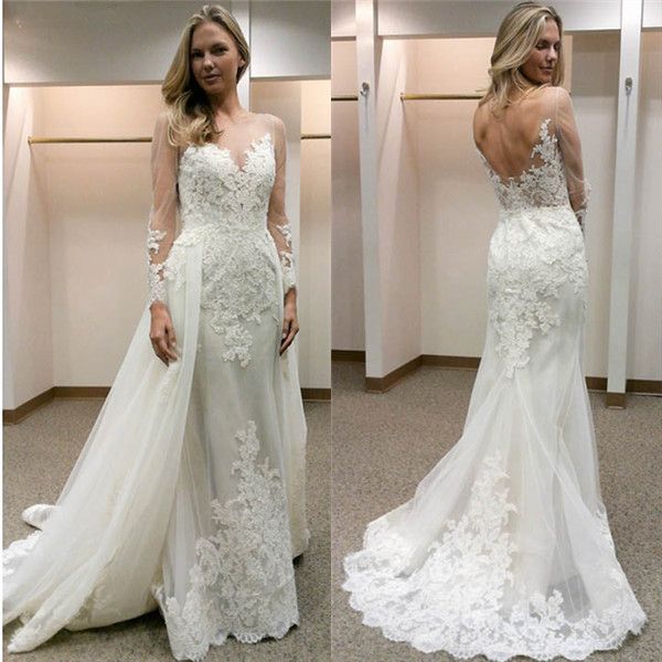 lace sheath wedding dress with removable overskirt