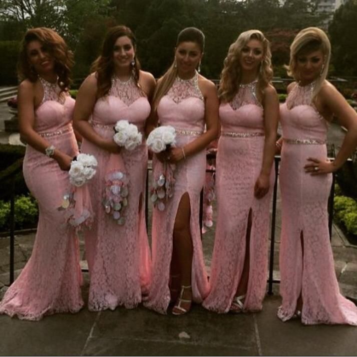 Plus Size Pink Bridesmaids Dresses 2017 Lace Mermaid Style Sheer Split