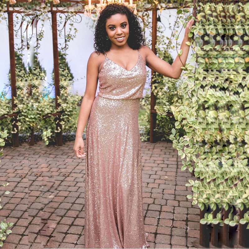 Sparkly Rose Gold Sequined A Line Bridesmaid Dresses V Neck Boho Spaghetti Strap Floor Length Garden Wedding Party Dress 2019 Plus Size Turquoise
