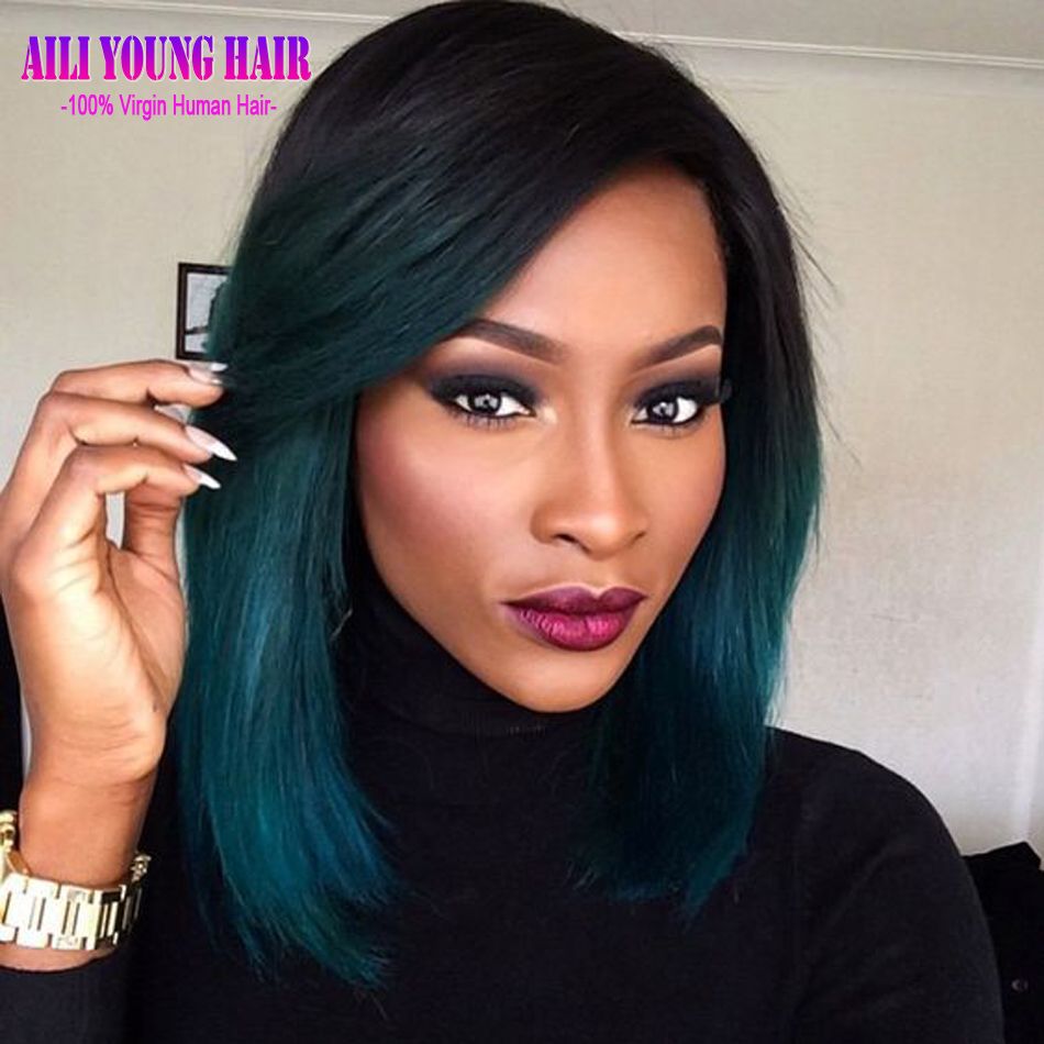 Short Human Hair Wigs T1b Dark Green Ombre Full Lace Human Hair