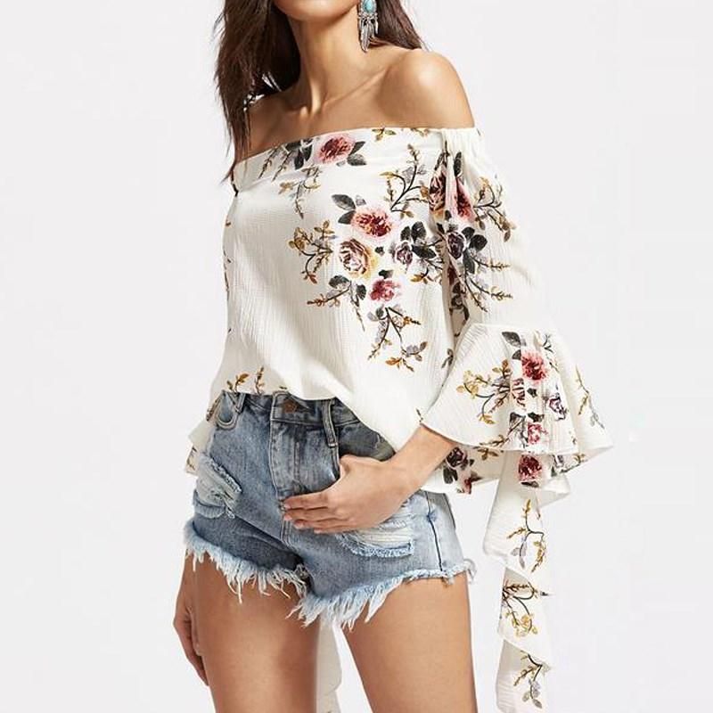 Blusas para mujer Camisas 2018 Moda Chifón de hombro Camisas de manga de llamarada floral