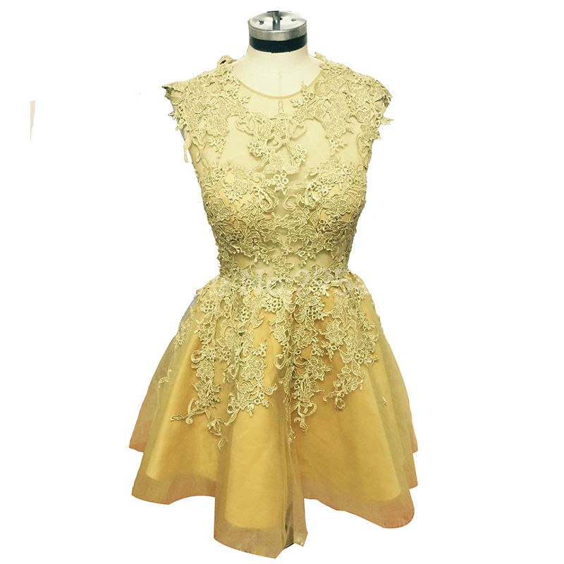 Cheap Gold Lace Applique Short Prom Dresses Robe De Soiree Ablove Knee ...
